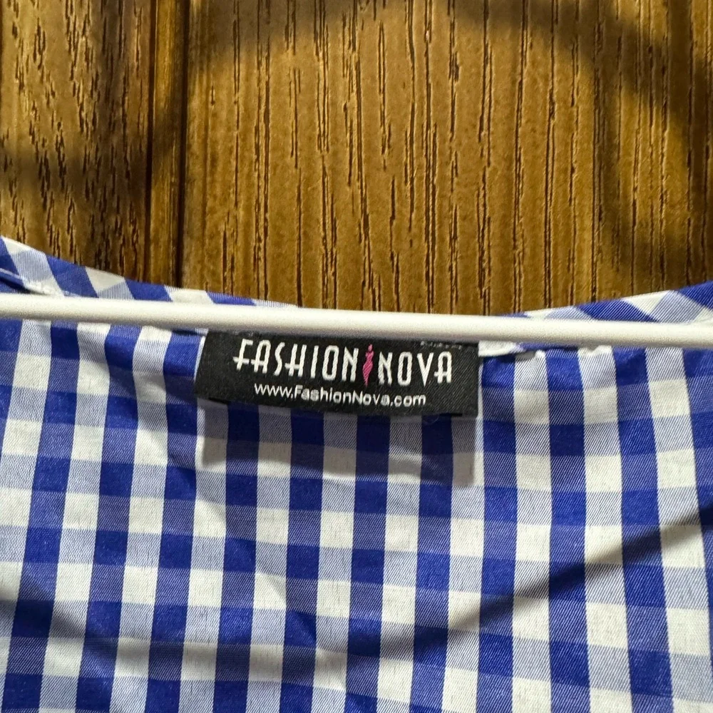 Fashion Nova Blue Checkered Wrap Blouse - Picture 6 of 7